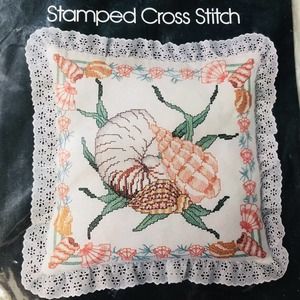 Vintage 1984 Cross Stitch Kit Seashells Pillow Lace Trim Beach House Golden Bee